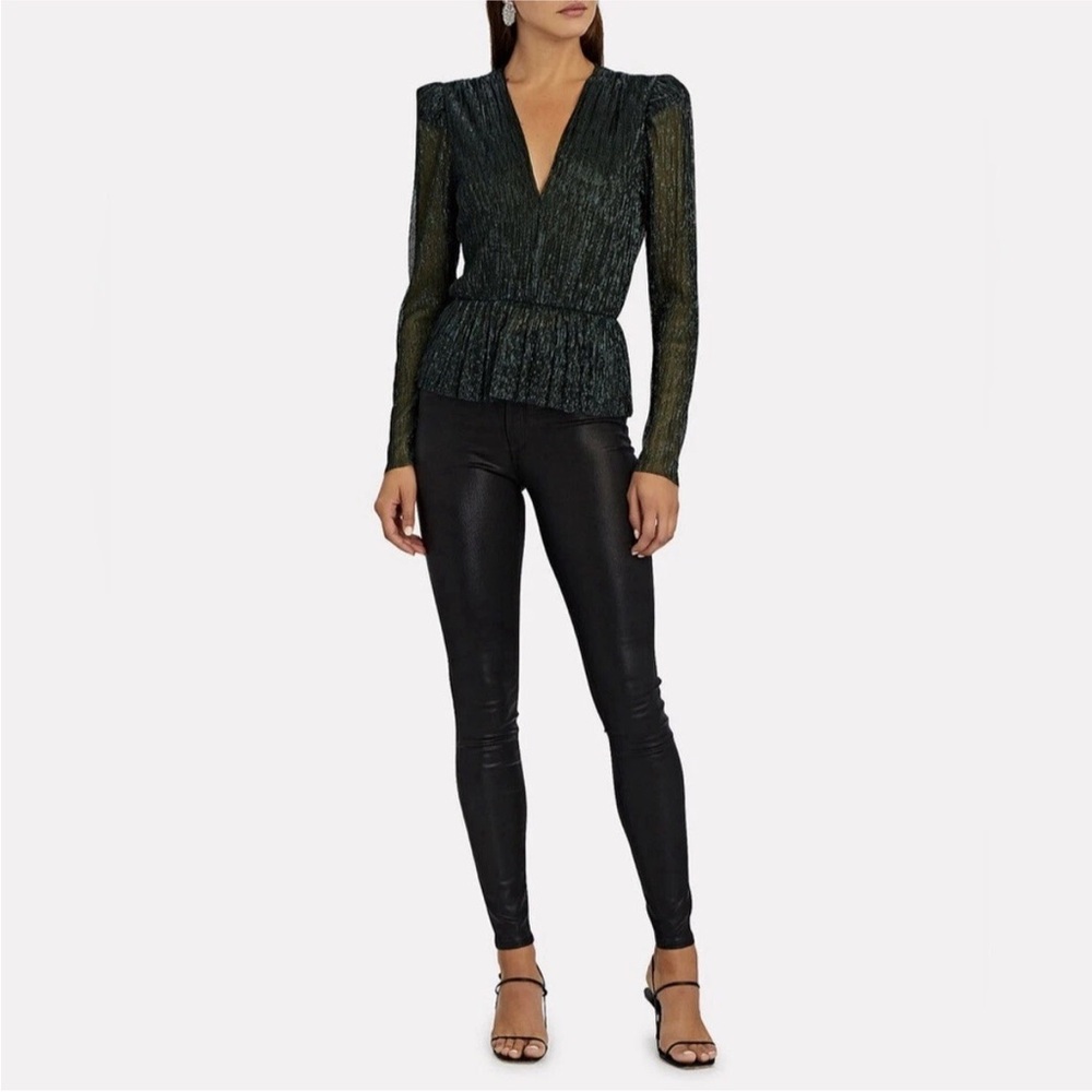 Sabina Musayev Women’s Sheer Metallic Green Pleated Deep V-Neck Bruno Top Small